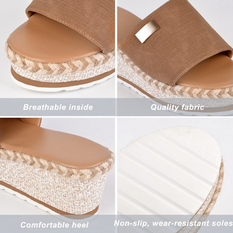 Women's wedge espadrilles featuring a woven sole and a wide strap. 3