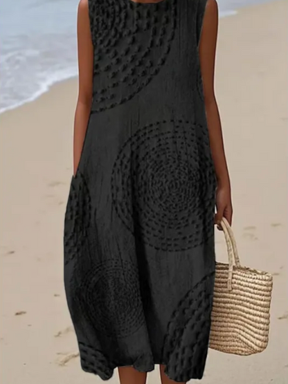A sleeveless black midi dress displayed on a mannequin, featuring a fitted bodice and flowing skirt, suitable for various occasions. 0