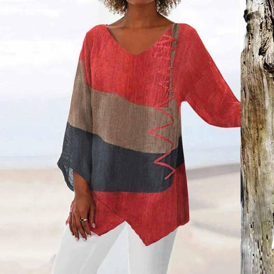 Three-color women's blouse with a classic cut, featuring a round neckline and short sleeves, displayed on a plain background. 0