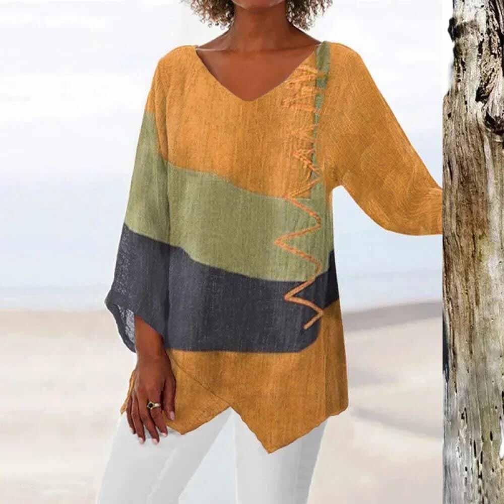 Three-color women's blouse with a classic cut, featuring a round neckline and short sleeves, displayed on a plain background. 1