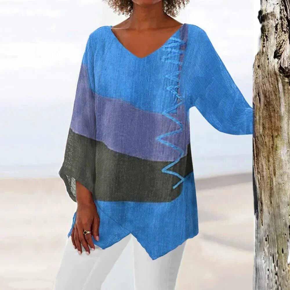 Three-color women's blouse with a classic cut, featuring a round neckline and short sleeves, displayed on a plain background. 2
