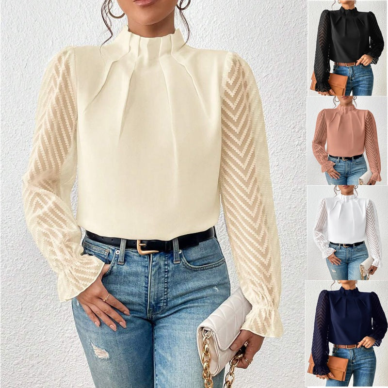 A women's top featuring pleated sleeves and a round neckline, displayed on a mannequin against a neutral background. 6