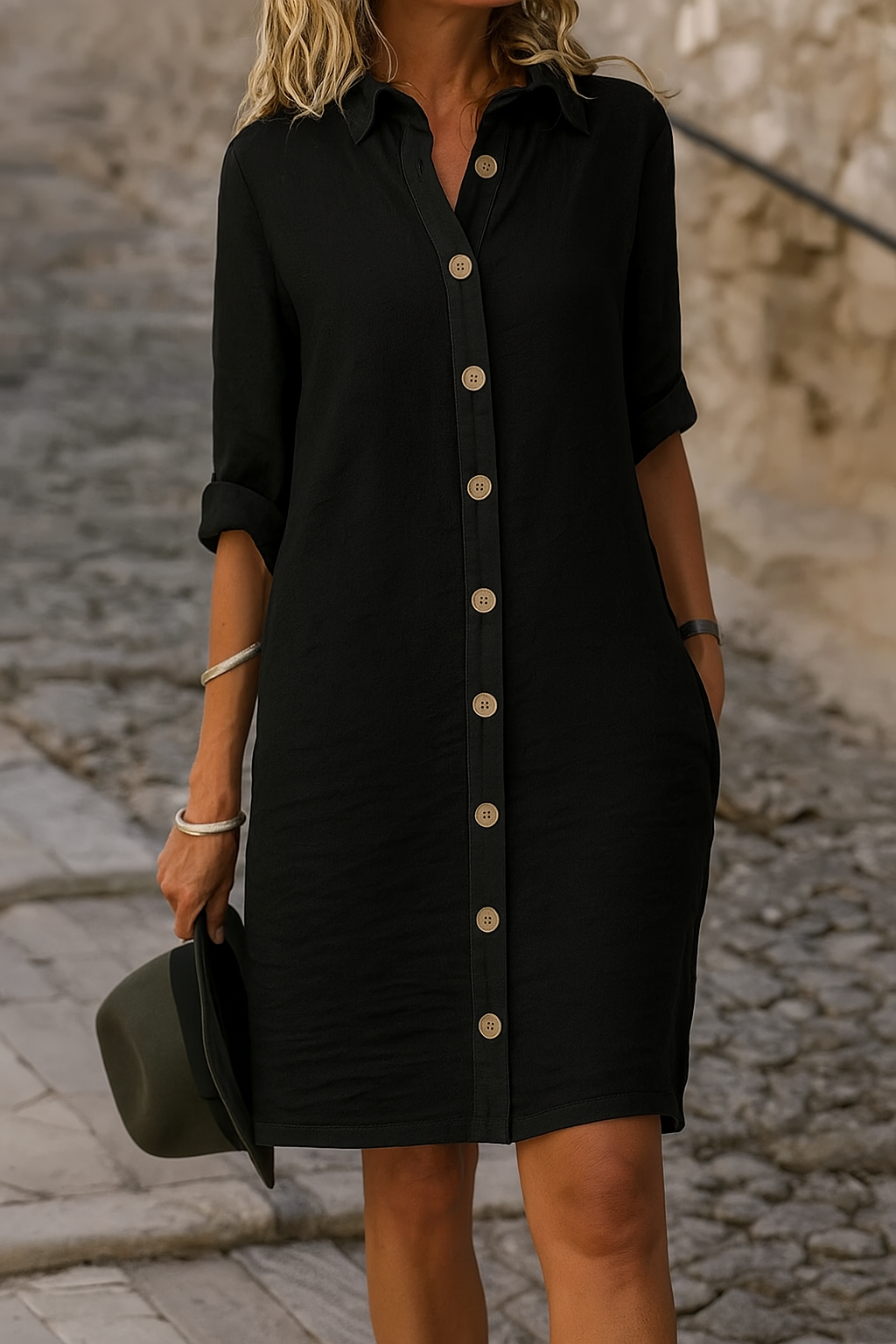 A spring dress for women featuring a V-shaped neckline, flowing silhouette, and short sleeves, displayed on a hanger against a neutral background. 1