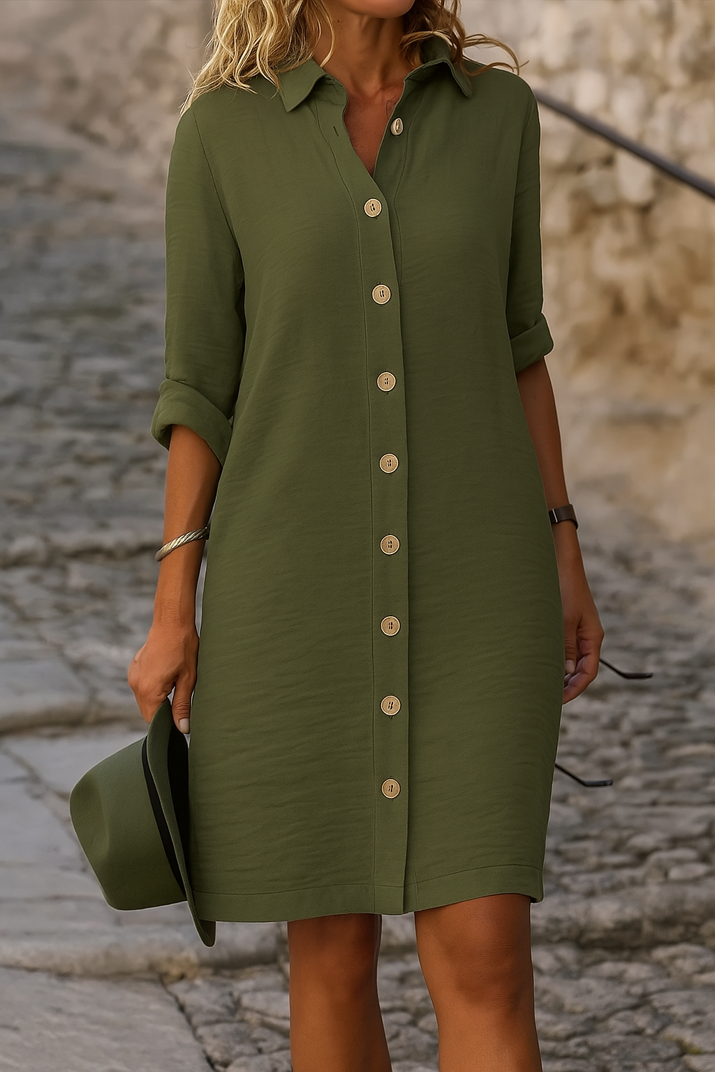 A spring dress for women featuring a V-shaped neckline, flowing silhouette, and short sleeves, displayed on a hanger against a neutral background. 2