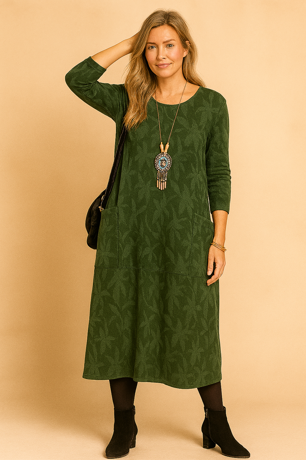 A winter dress featuring long sleeves and pockets, designed for women's fashion. 0