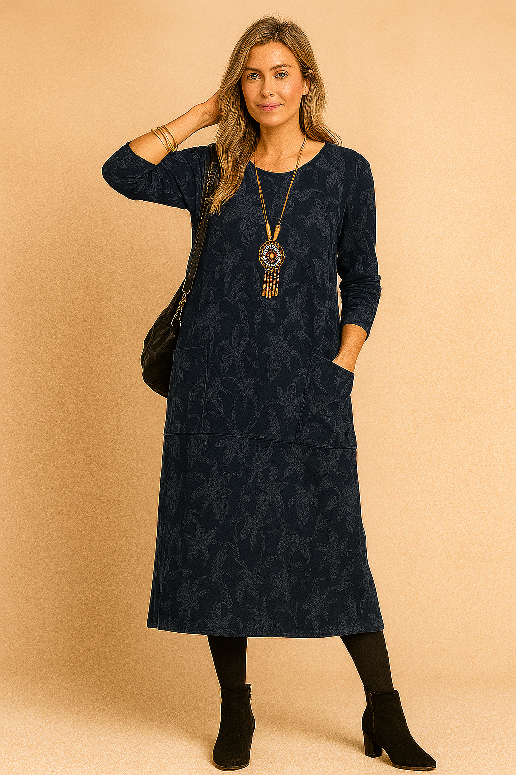 A winter dress featuring long sleeves and pockets, designed for women's fashion. 1