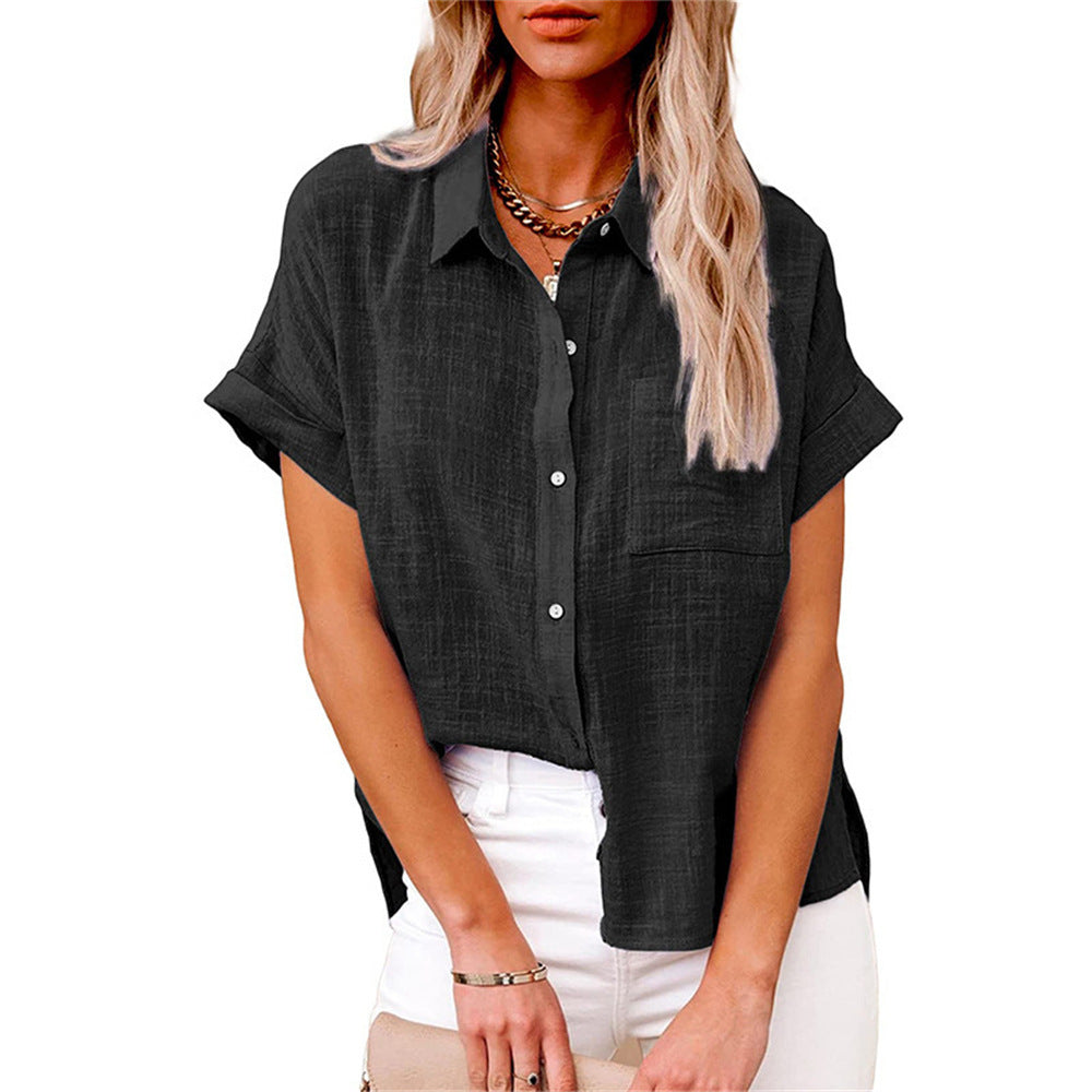 Elegant women's shirt featuring a collar and short sleeves. 0