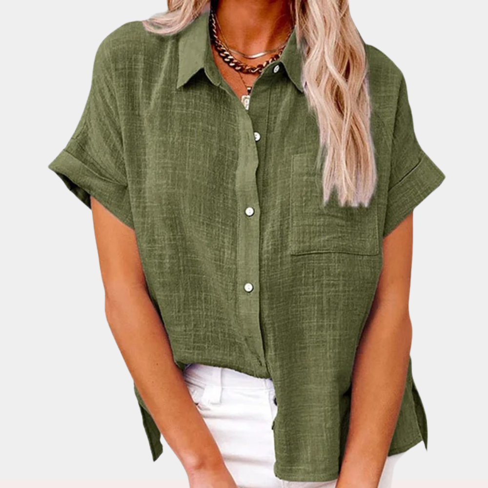 Elegant women's shirt featuring a collar and short sleeves. 1