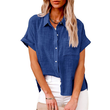 Elegant women's shirt featuring a collar and short sleeves. 2
