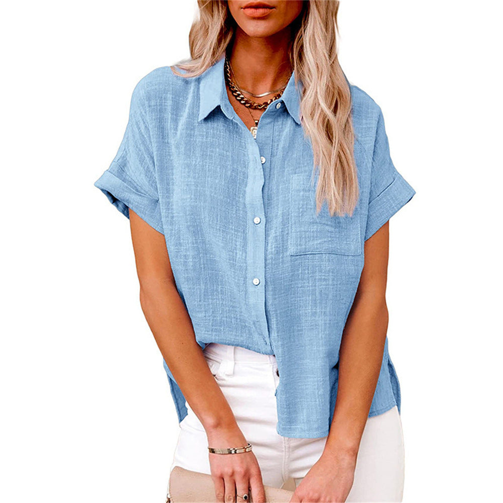 Elegant women's shirt featuring a collar and short sleeves. 3