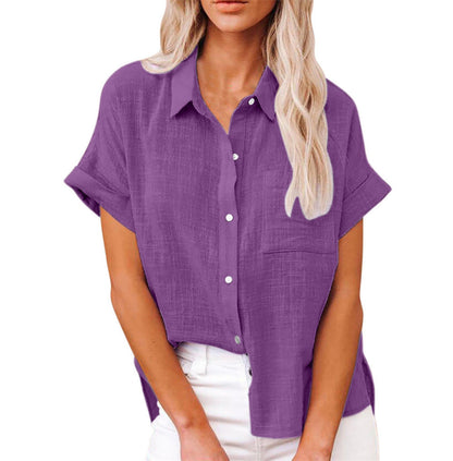 Elegant women's shirt featuring a collar and short sleeves. 7