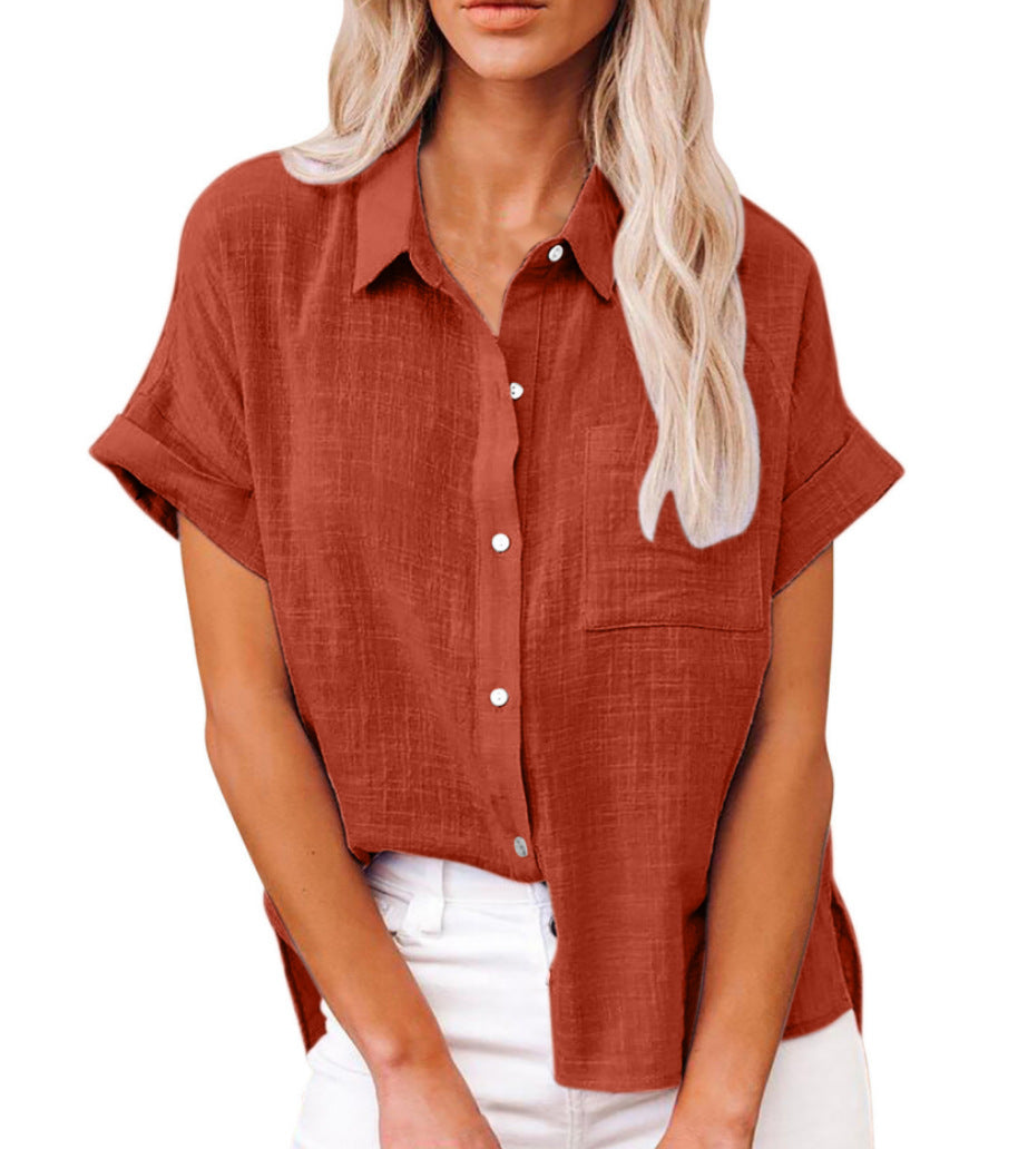 Elegant women's shirt featuring a collar and short sleeves. 8