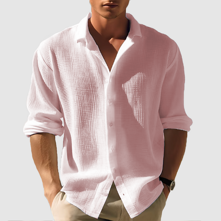 Men's long-sleeve white classic shirt displayed on a hanger, featuring a button-down collar and a straight cut. 3