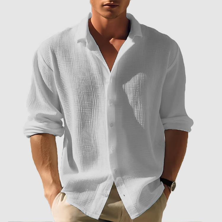 Men's long-sleeve white classic shirt displayed on a hanger, featuring a button-down collar and a straight cut. 4