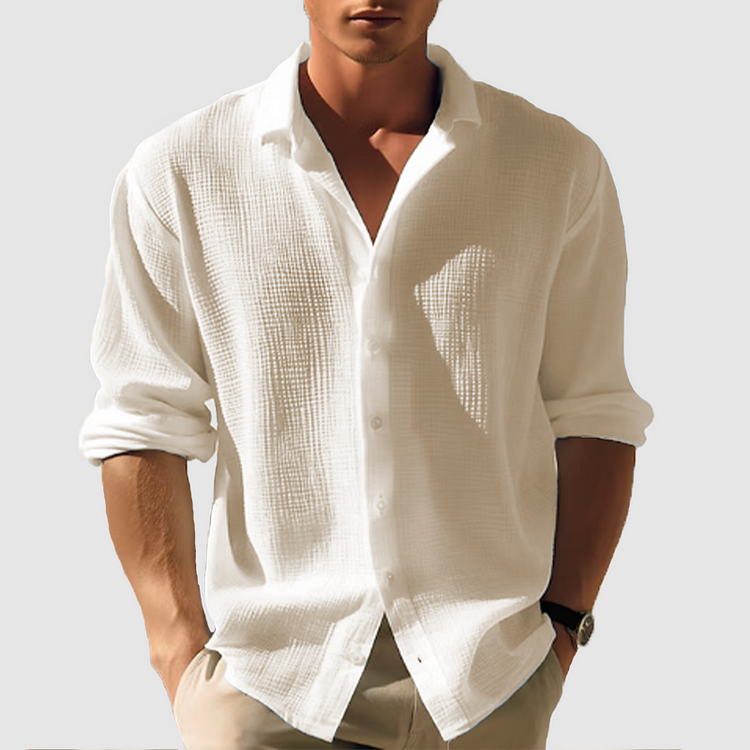 Men's long-sleeve white classic shirt displayed on a hanger, featuring a button-down collar and a straight cut. 5