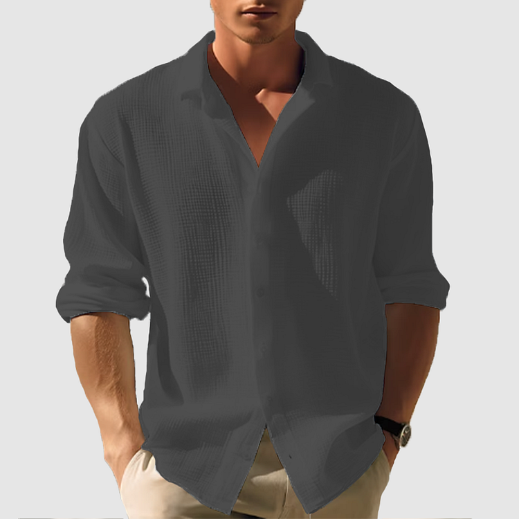 Men's long-sleeve white classic shirt displayed on a hanger, featuring a button-down collar and a straight cut. 6