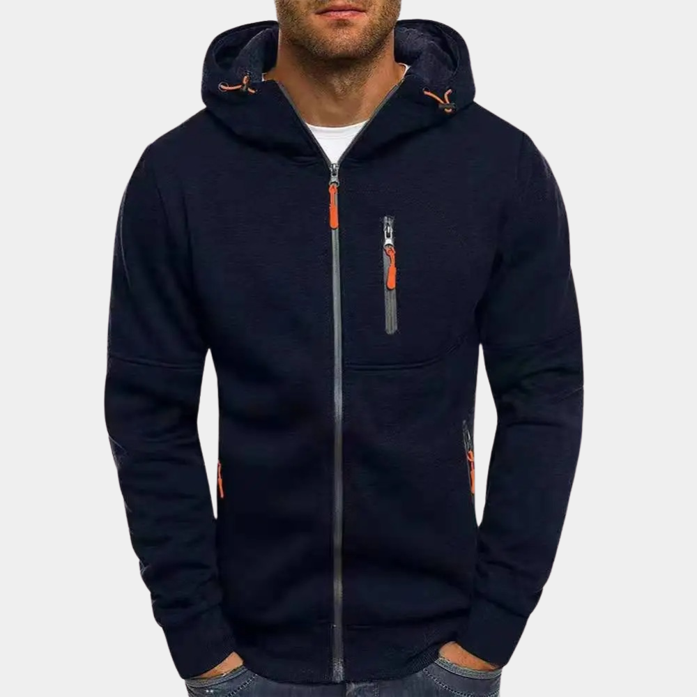 Men's zip-up hoodie with a loose fit, featuring a drawstring hood and front pockets. 10