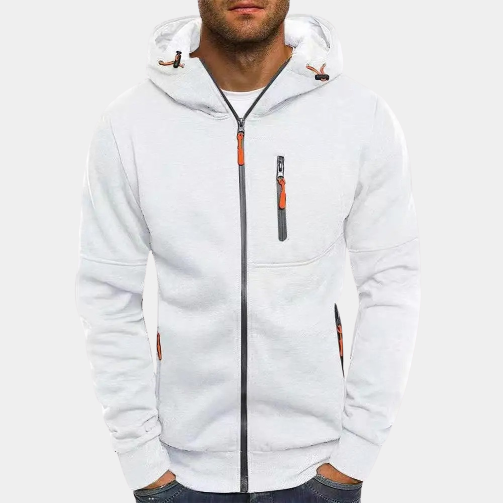 Men's zip-up hoodie with a loose fit, featuring a drawstring hood and front pockets. 11