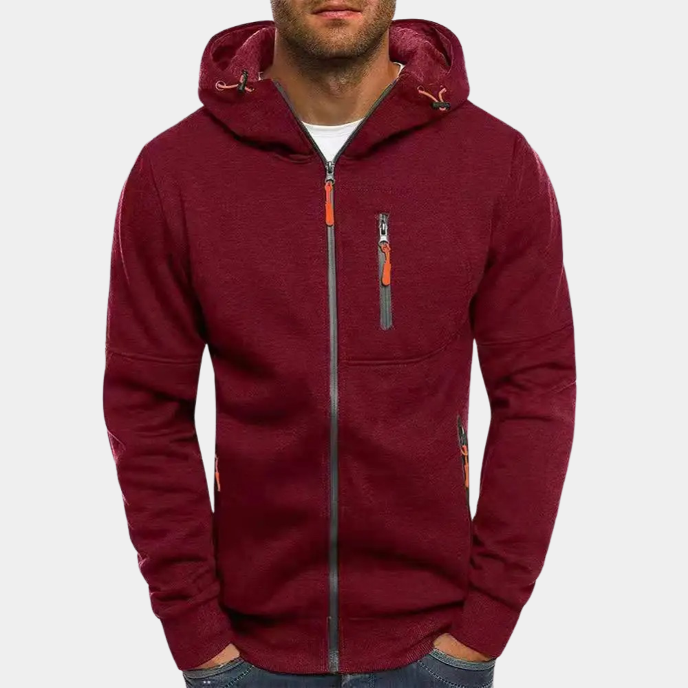 Men's zip-up hoodie with a loose fit, featuring a drawstring hood and front pockets. 12