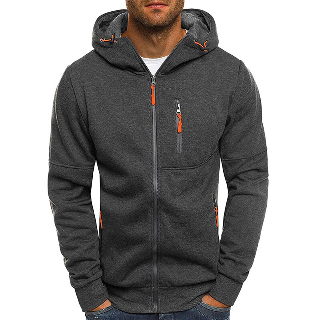 Men's zip-up hoodie with a loose fit, featuring a drawstring hood and front pockets. 2