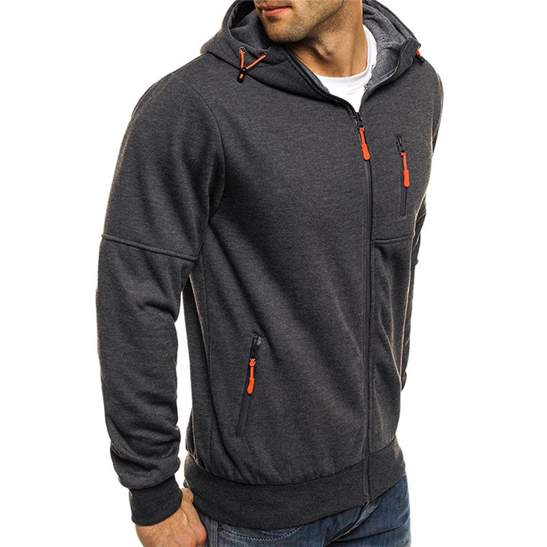 Men's zip-up hoodie with a loose fit, featuring a drawstring hood and front pockets. 4