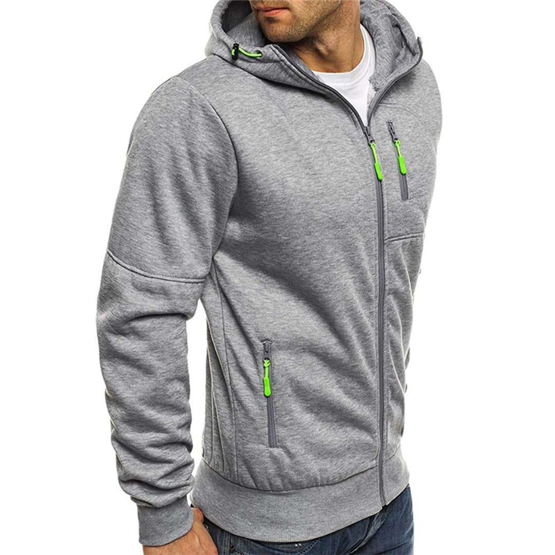 Men's zip-up hoodie with a loose fit, featuring a drawstring hood and front pockets. 8