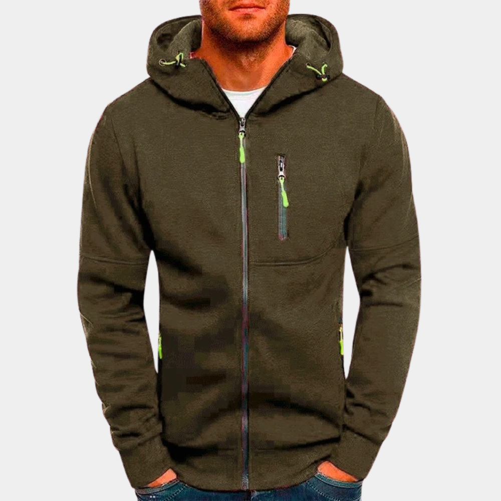 Men's zip-up hoodie with a loose fit, featuring a drawstring hood and front pockets. 9