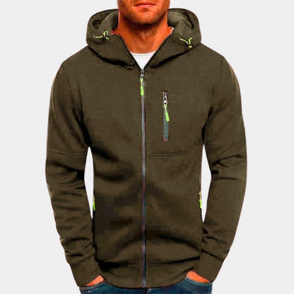 Men's zip-up hoodie with a loose fit, featuring a drawstring hood and front pockets. 9