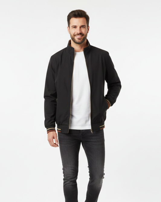 Men's reversible bomber jacket featuring a high collar, showcasing a sleek design with contrasting sides. 0