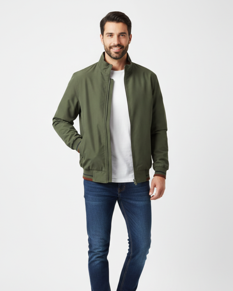 Men's reversible bomber jacket featuring a high collar, showcasing a sleek design with contrasting sides. 1