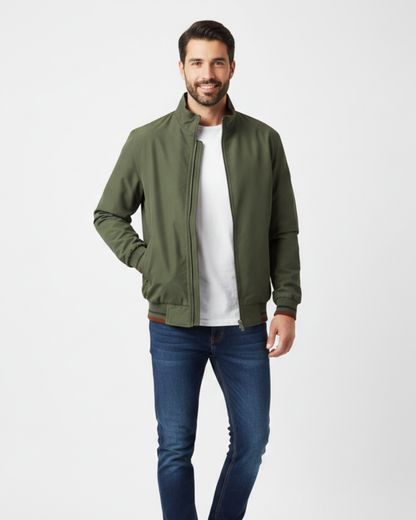 Men's reversible bomber jacket featuring a high collar, showcasing a sleek design with contrasting sides. 1