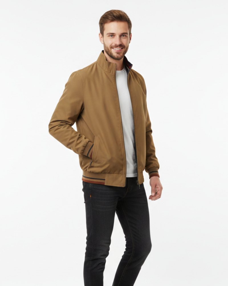 Men's reversible bomber jacket featuring a high collar, showcasing a sleek design with contrasting sides. 2