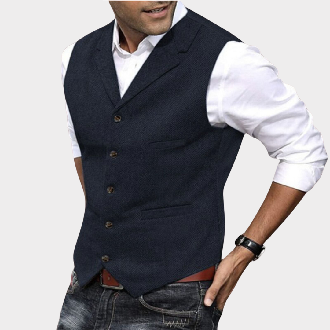 Men's casual vintage vest featuring a button closure and a relaxed fit. 0