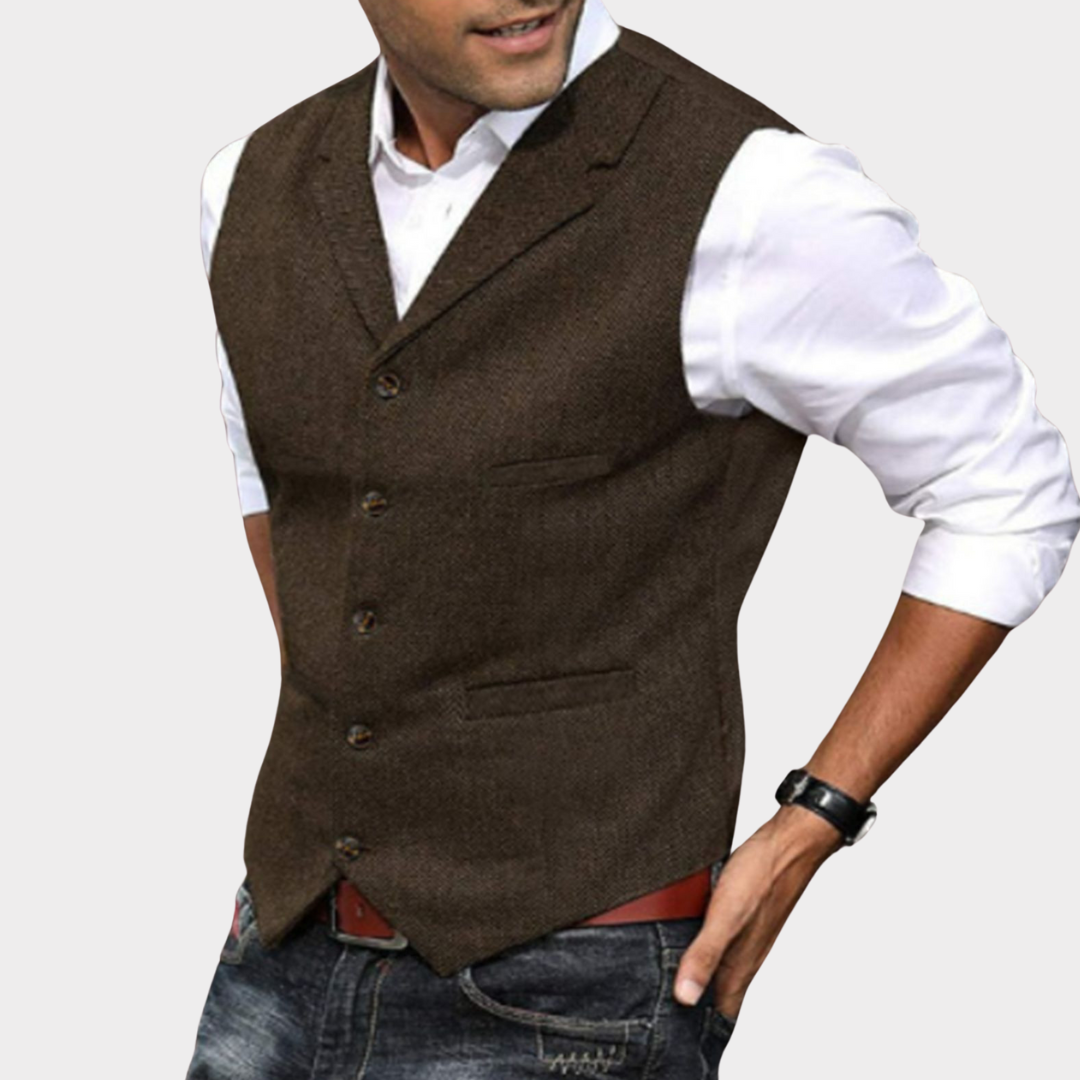 Men's casual vintage vest featuring a button closure and a relaxed fit. 4