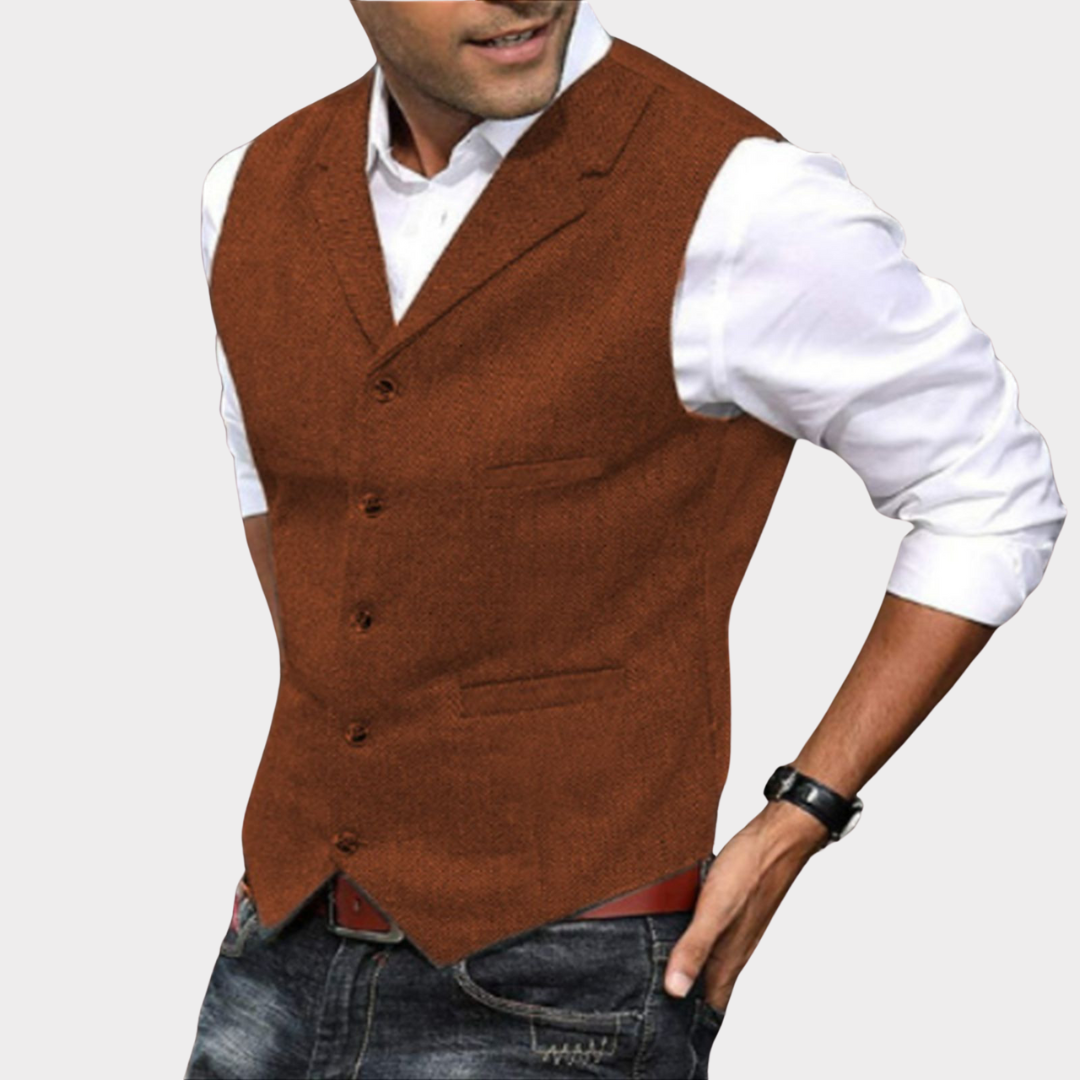 Men's casual vintage vest featuring a button closure and a relaxed fit. 5