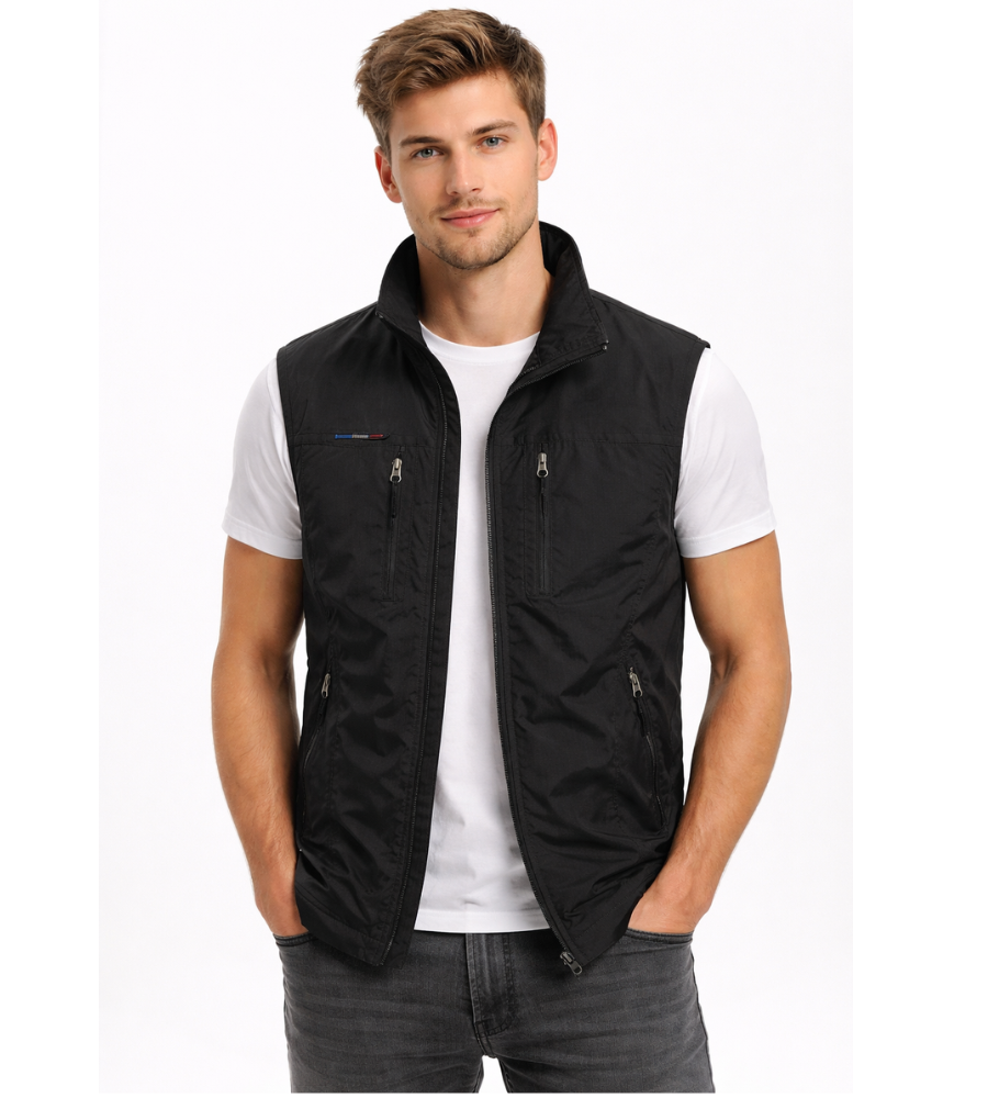 Men's outdoor vest featuring a high collar and zip closure, displayed on a neutral background. 0