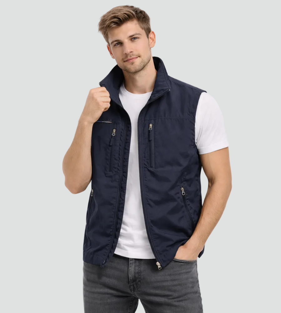 Men's outdoor vest featuring a high collar and zip closure, displayed on a neutral background. 1