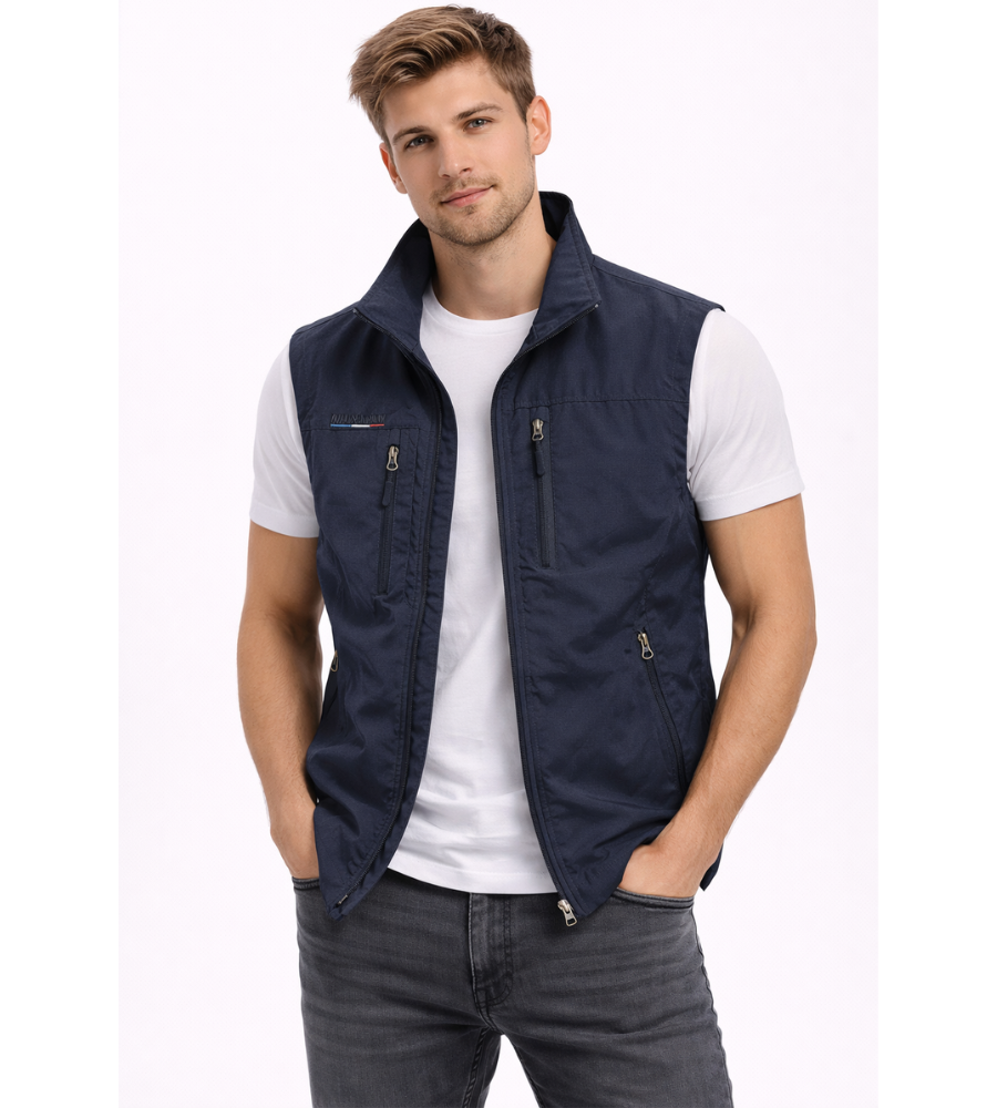 Men's outdoor vest featuring a high collar and zip closure, displayed on a neutral background. 2