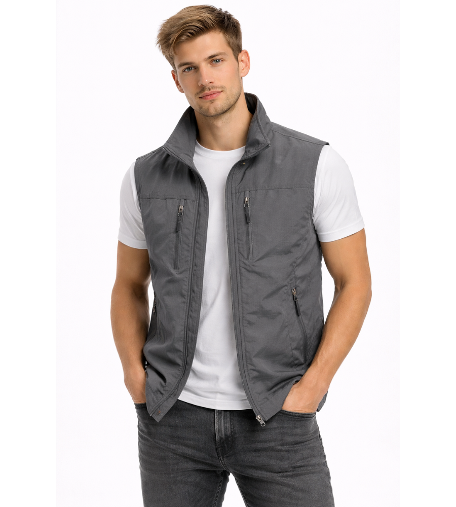 Men's outdoor vest featuring a high collar and zip closure, displayed on a neutral background. 3