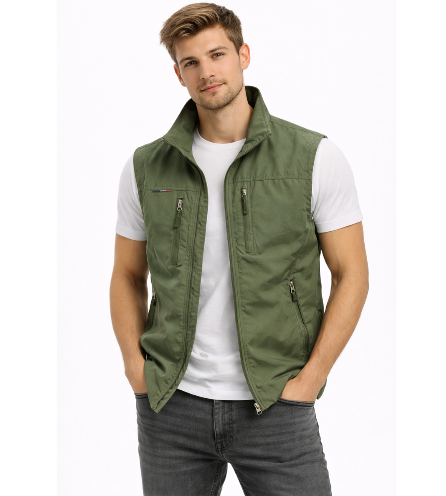 Men's outdoor vest featuring a high collar and zip closure, displayed on a neutral background. 4