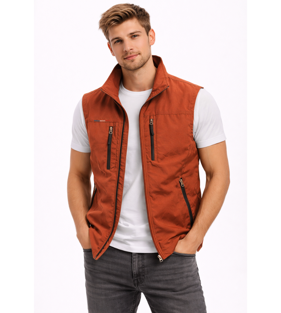 Men's outdoor vest featuring a high collar and zip closure, displayed on a neutral background. 5