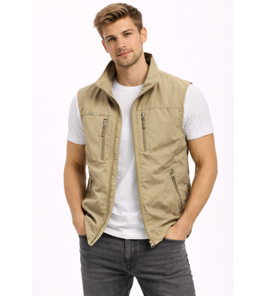 Men's outdoor vest featuring a high collar and zip closure, displayed on a neutral background. 6