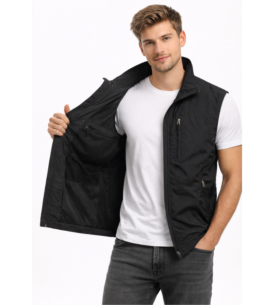 Men's outdoor vest featuring a high collar and zip closure, displayed on a neutral background. 7