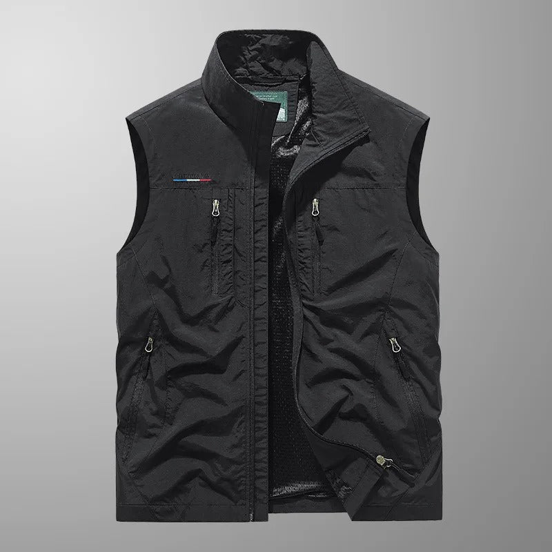Men's outdoor vest featuring a high collar and zip closure, displayed on a neutral background. 8