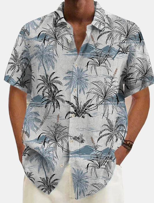 Men's short-sleeve shirt featuring a tropical palm pattern. 0