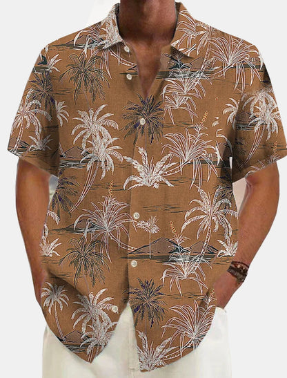 Men's short-sleeve shirt featuring a tropical palm pattern. 1