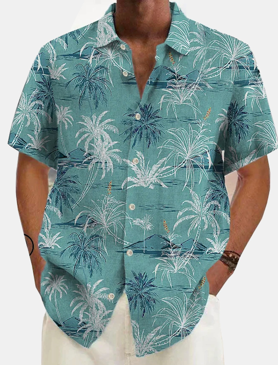 Men's short-sleeve shirt featuring a tropical palm pattern. 2