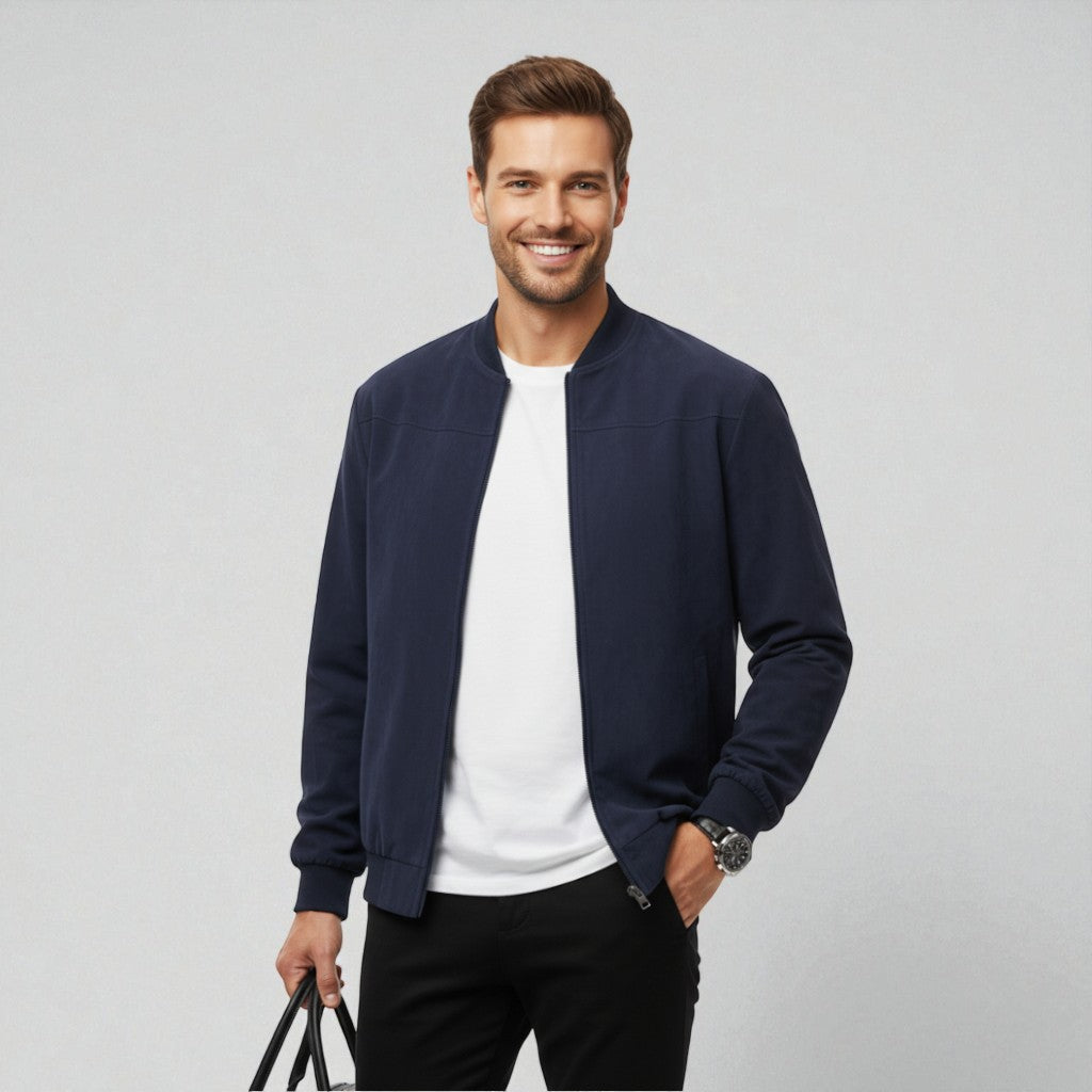 Men's bomber jacket with a minimal tech design, featuring a collarless style and regular fit. 0
