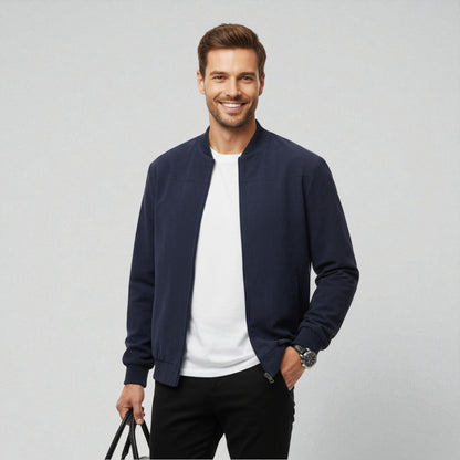 Men's bomber jacket with a minimal tech design, featuring a collarless style and regular fit. 0