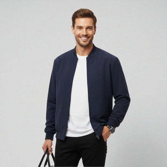 Men's bomber jacket with a minimal tech design, featuring a collarless style and regular fit. 0